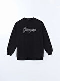 LCW Modest Siyah Baskılı Oversize Kadın Kalın Sweatshirt Tunik