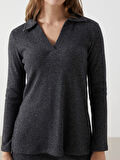 Polo Yaka Parlak Görünümlü Kadın Sweatshirt_W4J643Z8-CZM_8684682195326_S