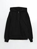 LCW Modest Siyah Kapüşonlu Oversize Kadın Fermuarlı Sweatshirt