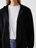 LCW Modest Siyah Kapüşonlu Oversize Kadın Fermuarlı Sweatshirt