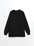 LCW Modest Siyah Bisiklet Yaka Parlak Taşlı Kadın Kalın Sweatshirt Tunik