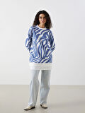 LCW Modest Mavi Bisiklet Yaka Desenli Kadın Sweatshirt Tunik
