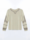 LCW Grace BEJ Bisiklet Yaka Nakışlı Kadın Bluz