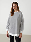 LCW Modest Siyah Çizgili Oversize Kadın Sweatshirt Tunik