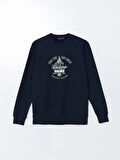 LCWAIKIKI Classic Lacivert Bisiklet Yaka Baskılı Erkek Kalın Sweatshirt