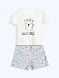 LCW DREAM Gri Bisiklet Yaka Baskılı Kadın Şortlu Pijama Takımı