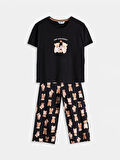 LCW Young Siyah Bisiklet Yaka Ayı Teddy Baskılı Kadın Kaprili Pijama Takımı