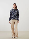 LCW Grace Lacivert Bağlamalı Yaka Çiçekli Bluz