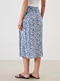 LCWAIKIKI Classic Lacivert Beli Lastikli Çiçekli Yırtmaçlı Etek