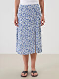 LCWAIKIKI Classic Lacivert Beli Lastikli Çiçekli Yırtmaçlı Etek