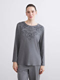 LCW Grace Antrasit Bisiklet Yaka Çiçek Nakışlı Bluz