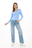 V Yaka Slim Fit Tişört-Mavi