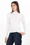 Kadın Modal Dik Yaka Slim Fit Tişört-Beyaz