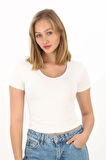 V Yaka Slim Fit Crop Tişört-Ekru