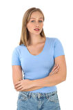 V Yaka Slim Fit Crop Tişört-Mavi