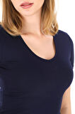 V Yaka Slim Fit Crop Tişört-Lacivert