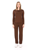 Kadın Viskon Tişört & Pantolon Takım-Kahverengi