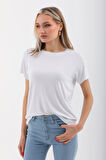 Viskon Dökümlü Tişört-Beyaz