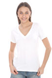 Viskon Dökümlü V Yaka Tişört-Beyaz