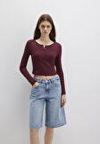 Düğme Detaylı Uzun Kollu Bordo Crop Basic Tişört 1613403-70426