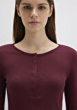 Düğme Detaylı Uzun Kollu Bordo Crop Basic Tişört 1613403-70426