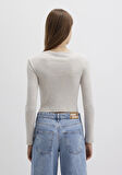 Düğme Detaylı Uzun Kollu Bej Crop Basic Tişört 1613403-80084