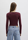 Düğme Detaylı Uzun Kollu Bordo Crop Basic Tişört 1613403-70426