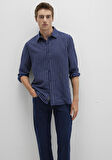 Keten Karışımlı Çizgili Lacivert Gömlek 0211699-90920