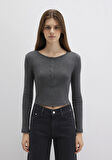 Düğme Detaylı Uzun Kollu Antrasit Crop Basic Tişört 1613403-80023