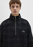 Yarı Fermuarlı Kareli Siyah Sweatshirt 0211777-91298