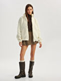 Fermuarlı Dik Yaka Cep Detaylı Oversize Peluş Sweatshirt