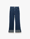 Katlamalı Duble Paça Normal Bel Düğmeli Düz Kalıp Denim Pantolon - Straight Fit Jean
