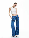 Geniş Paça Kemer Detaylı Pileli Pamuklu Jean Pantolon - Wide Leg Jeans