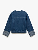 Çift Cepli Bisiklet Yaka Kolları Katlı Düğmeli Denim Ceket