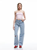 Pamuklu Yıpratma Detaylı Taşlı Straight Fit Jean Pantolon -  Longer Straight Fit Jean