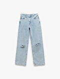 Pamuklu Yıpratma Detaylı Taşlı Straight Fit Jean Pantolon -  Longer Straight Fit Jean