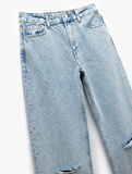 Pamuklu Yıpratma Detaylı Taşlı Straight Fit Jean Pantolon -  Longer Straight Fit Jean