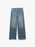 Kalp Baskılı Normal Paça Pamuklu Bol Kalıp Denim Pantolon - Loose Straight Fit Jean