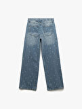 Kalp Baskılı Normal Paça Pamuklu Bol Kalıp Denim Pantolon - Loose Straight Fit Jean