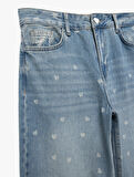 Kalp Baskılı Normal Paça Pamuklu Bol Kalıp Denim Pantolon - Loose Straight Fit Jean