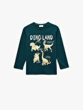 Uzun Kollu Bisiklet Yaka Pamuklu Dinozor Baskılı Tişört
