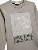 Pamuklu Uzun Kollu Bisiklet Yaka Dinozor Baskılı Tişört