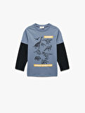 Dinozor Baskılı Uzun Kollu Bisiklet Yaka Pamuklu Tişört