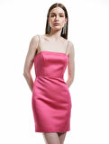 Saten Straplez Yaka Taş Askılı Bodycon Mini Elbise