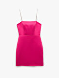 Saten Straplez Yaka Taş Askılı Bodycon Mini Elbise