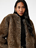 Uzun Kollu Bisiklet Yaka Crop Suni Kürk Mont