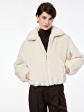 Uzun Kollu Cepli Fermuarlı Crop Peluş Bomber Ceket