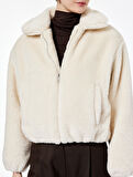 Uzun Kollu Cepli Fermuarlı Crop Peluş Bomber Ceket