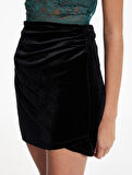 Slim Fit Asimetrik Drapeli Kadife Mini Etek