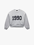 Üç İplik Şardonlu Uzun Kollu Bisiklet Yaka Nakışlı Crop Sweatshirt